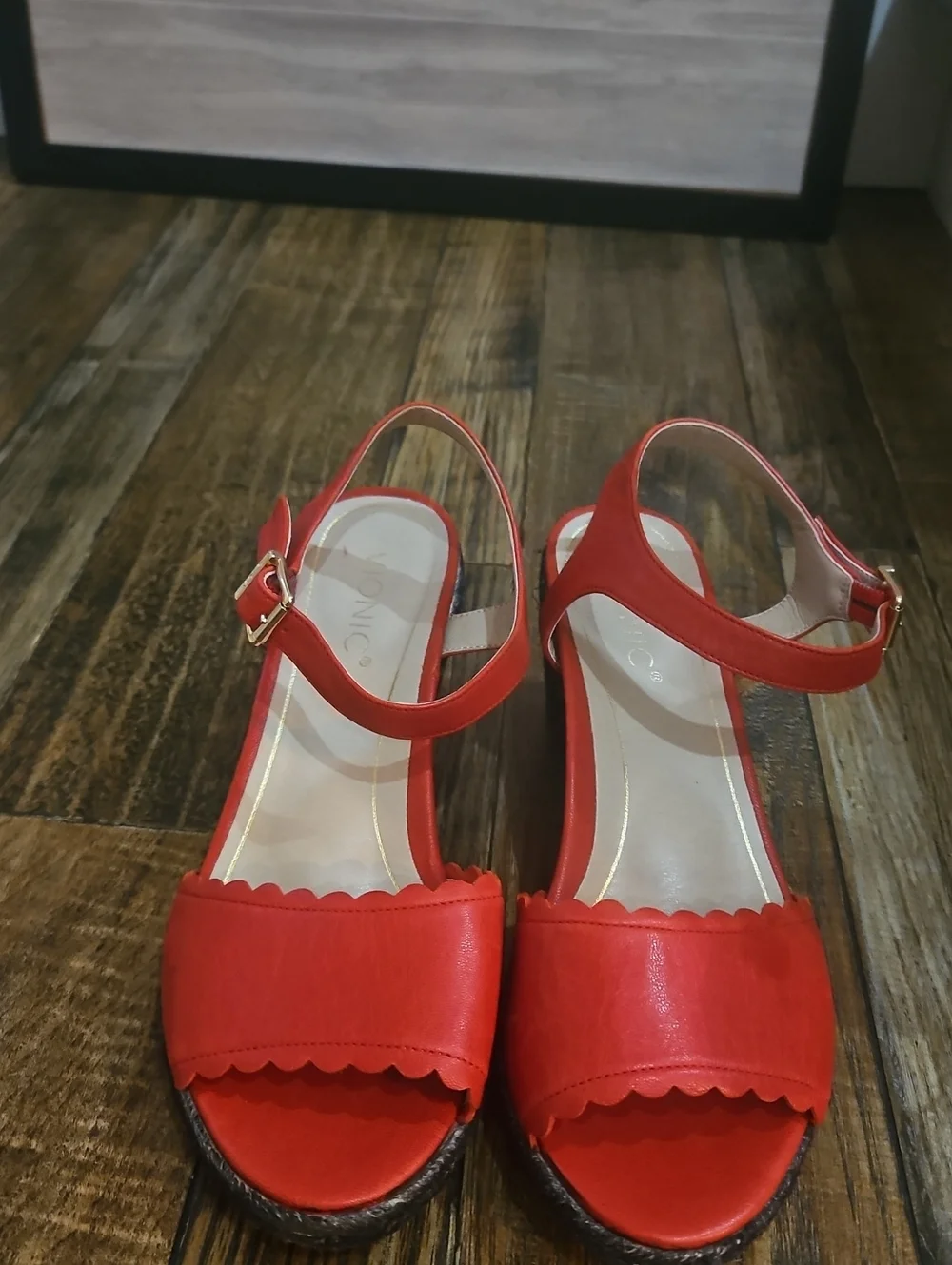 Vionic Women’s Red Sandals W/ Black Espadrille Wedge Heel & Ankle Strap